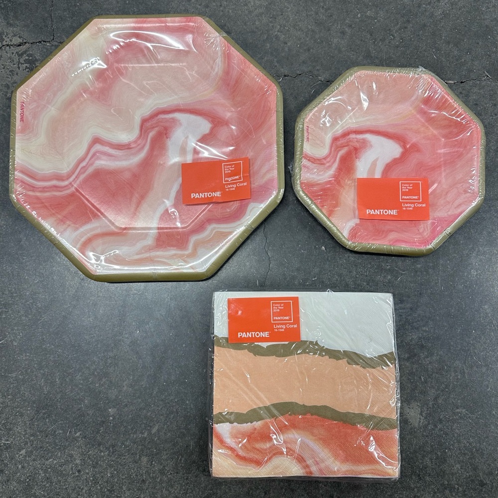 Pantone Living Coral Modern Garden Party Octagonal Plates & Napkins Set, MARBLE
